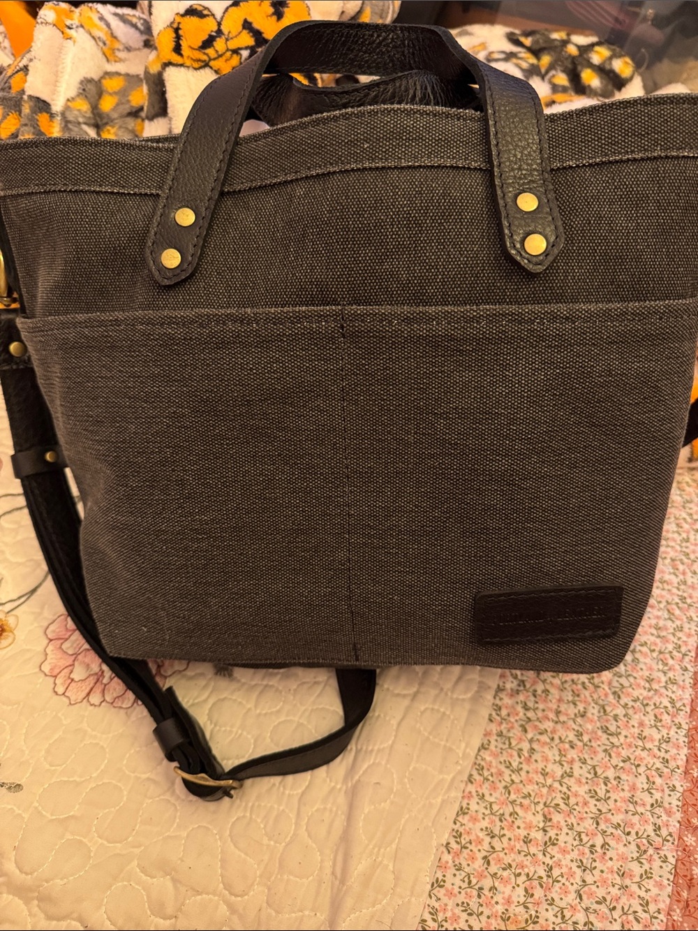 Portland Leather Canvas Crossbody Tote Bag in Charcoal Gray